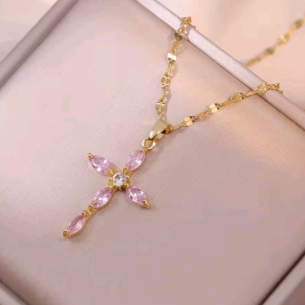 Gold Pink Crystal Cross Necklace Stainless Steel Dainty Easter Sunday Jewelry